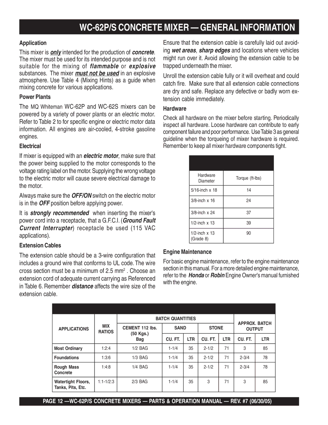 Multiquip WC-62S manual WC-62P/S Concrete Mixer General Information 