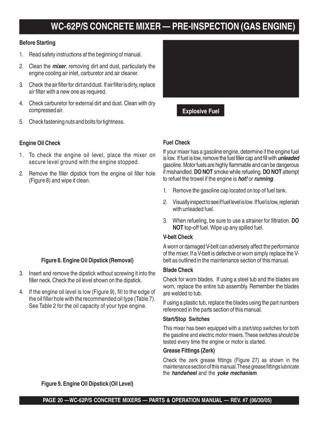 Multiquip WC-62S manual WC-62P/S Concrete Mixer PRE-INSPECTION GAS Engine 