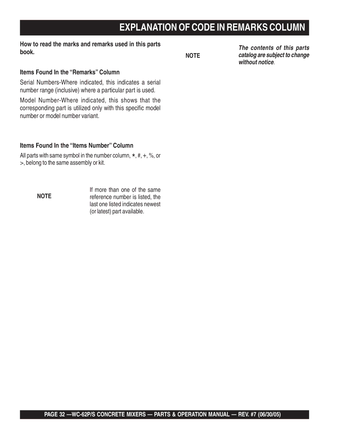 Multiquip WC-62S, WC-62P manual Explanation of Code in Remarks Column, Items Found In the Remarks Column 