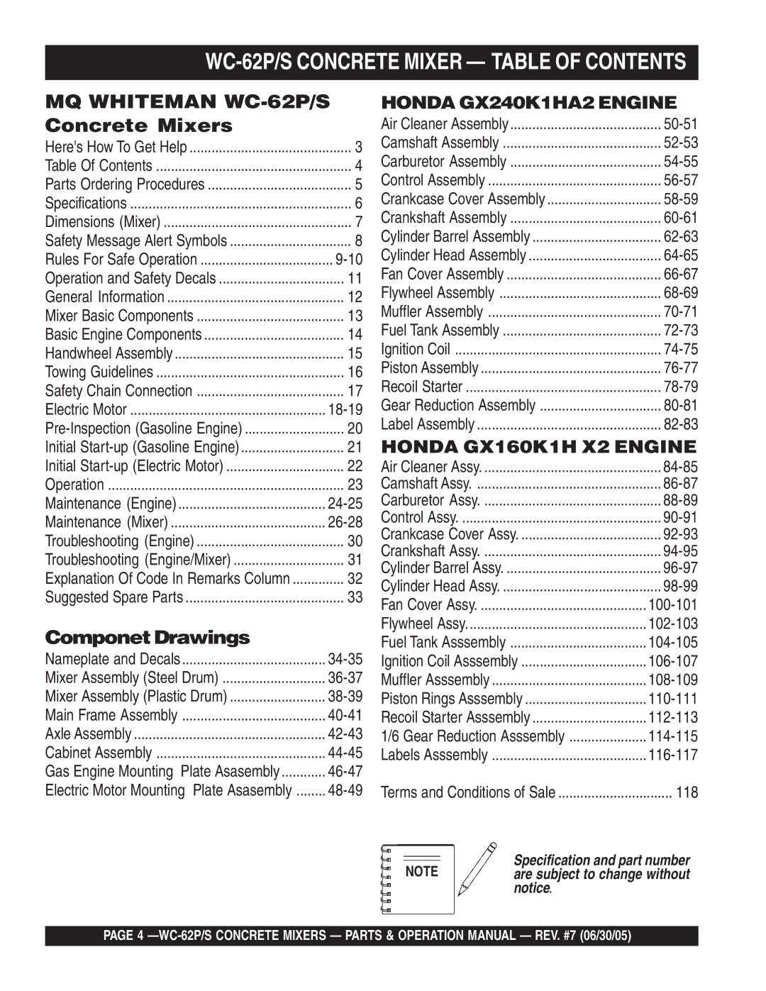 Multiquip WC-62S manual WC-62P/S Concrete Mixer Table of Contents 