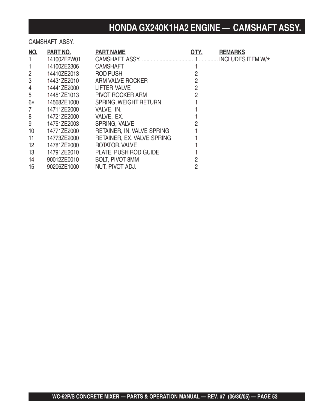 Multiquip WC-62P Camshaft, ROD Push, ARM Valve Rocker, Lifter Valve, Pivot Rocker ARM, SPRING, Weight Return, Valve, Ex 