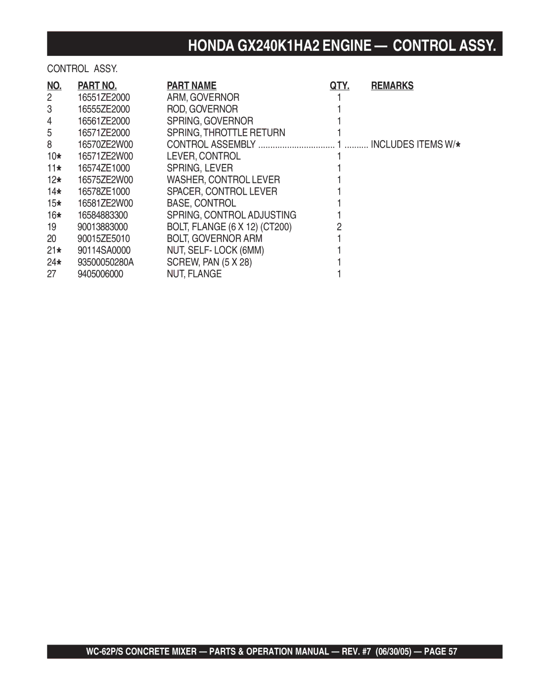 Multiquip WC-62P ARM, Governor, ROD, Governor, SPRING, Governor, SPRING, Throttle Return, LEVER, Control, SPRING, Lever 