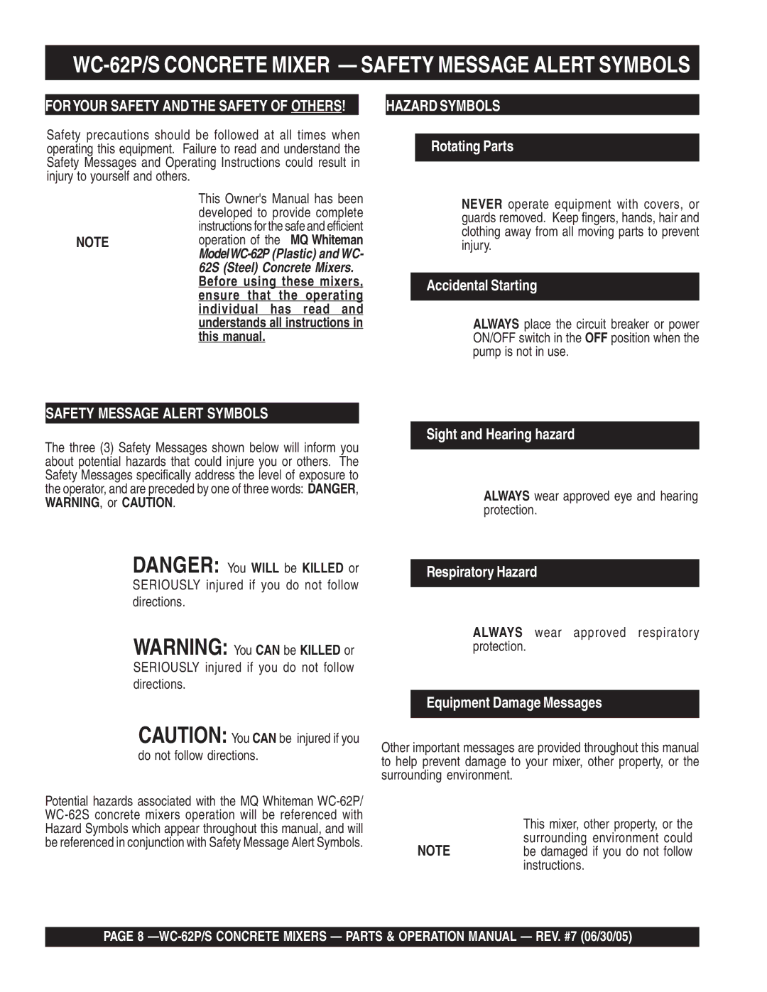 Multiquip WC-62S manual WC-62P/S Concrete Mixer Safety Message Alert Symbols, Foryour Safety and the Safety of Others 