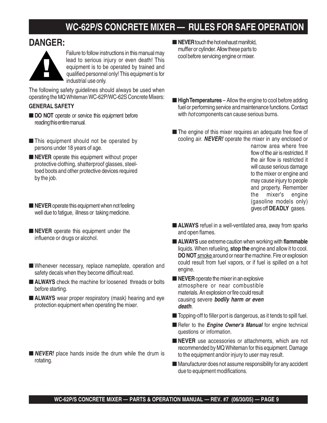 Multiquip WC-62S manual WC-62P/S Concrete Mixer Rules for Safe Operation, General Safety 