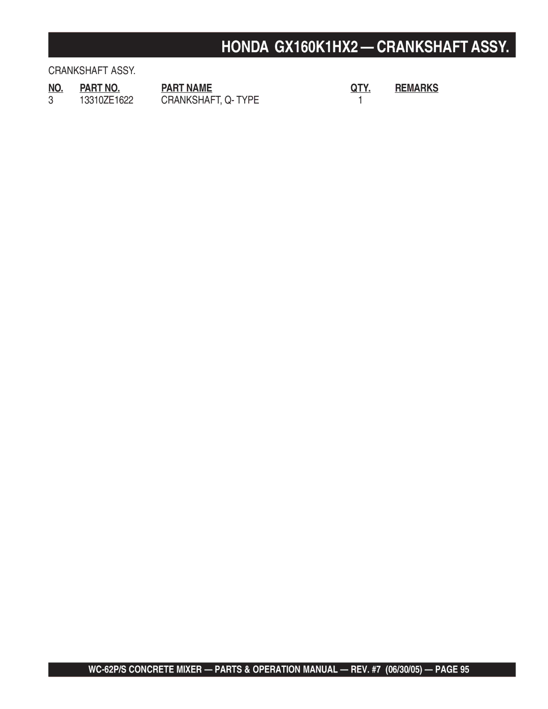 Multiquip WC-62P, WC-62S manual CRANKSHAFT, Q- Type 