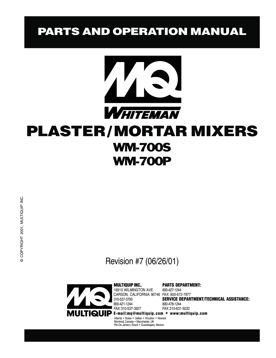 Multiquip WM-700P, WM- 700S operation manual PLASTER/MORTAR Mixers 