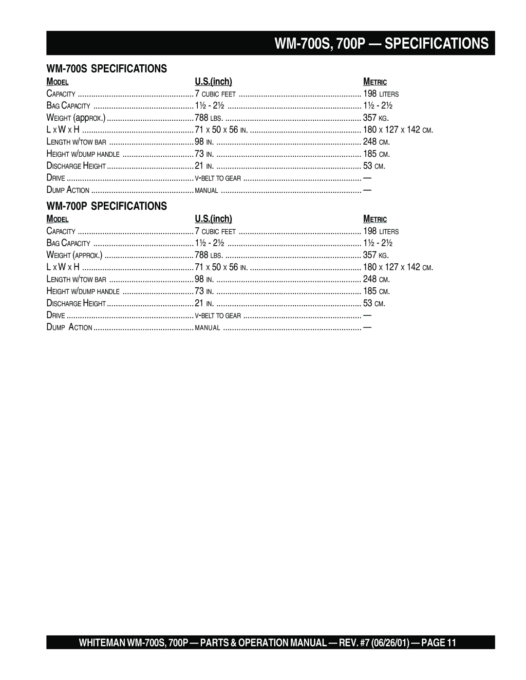 Multiquip WM-700P, WM- 700S operation manual WM-700S, 700P Specifications 