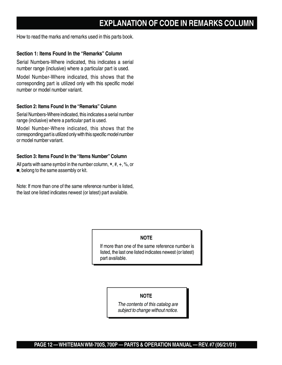 Multiquip WM- 700S, WM-700P operation manual Explanation of Code in Remarks Column, Items Found In the Remarks Column 