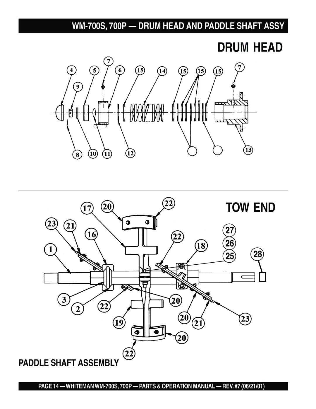 Multiquip WM- 700S, WM-700P operation manual Drum Head TOW END, WM-700S, 700P Drum Head and Paddle Shaft Assy 