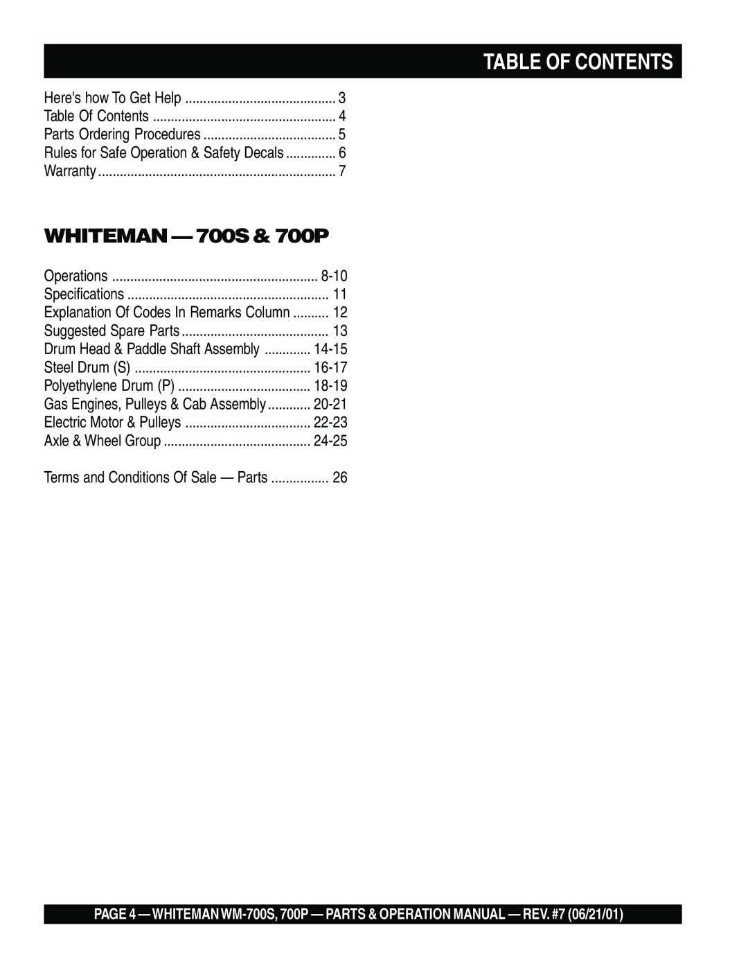 Multiquip WM- 700S, WM-700P operation manual Table of Contents 