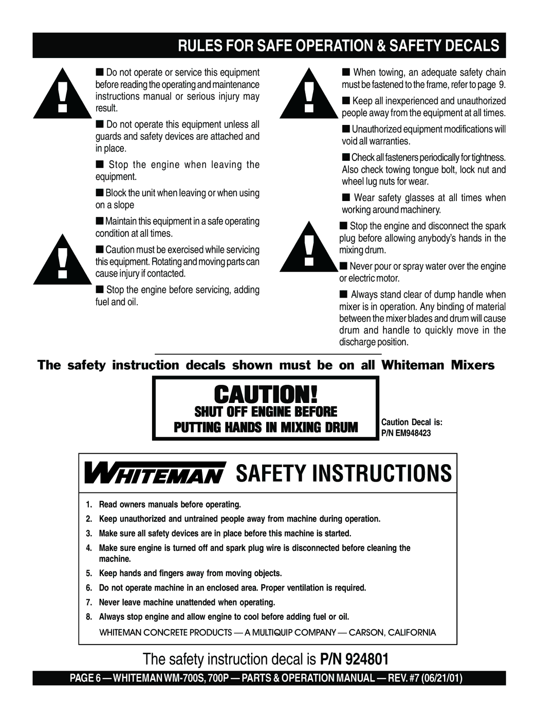 Multiquip WM- 700S, WM-700P operation manual Safety Instructions 