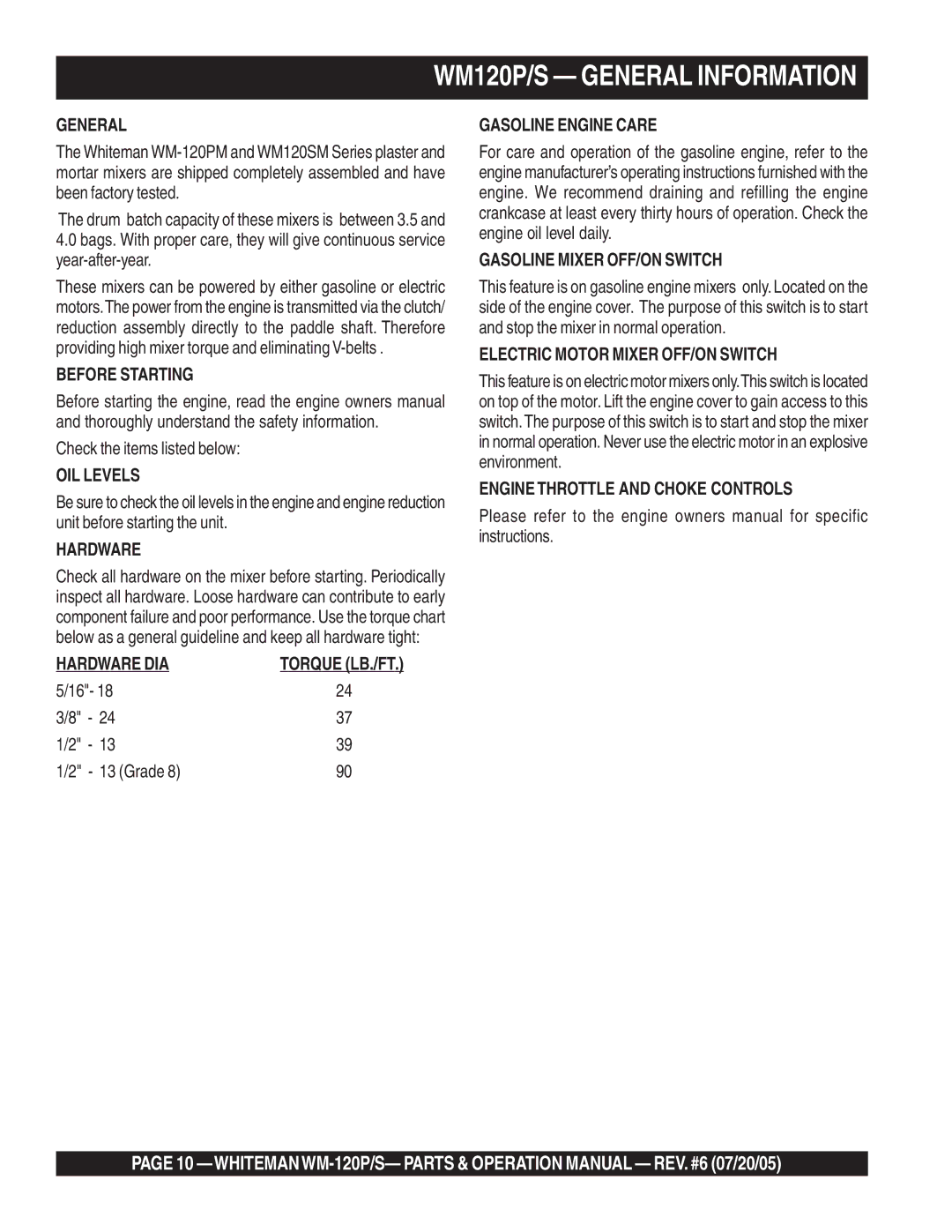 Multiquip WM-120PM operation manual WM120P/S General Information 