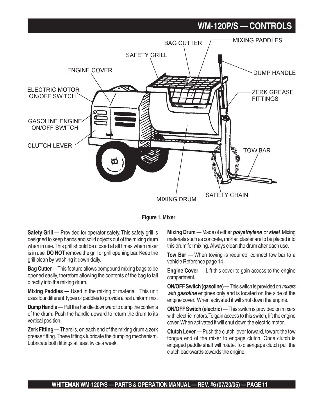 Multiquip WM-120PM operation manual WM-120P/S Controls, Mixer 