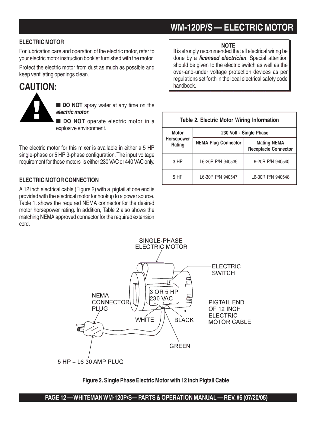 Multiquip WM-120PM operation manual WM-120P/S Electric Motor, Electric Motor Wiring Information 