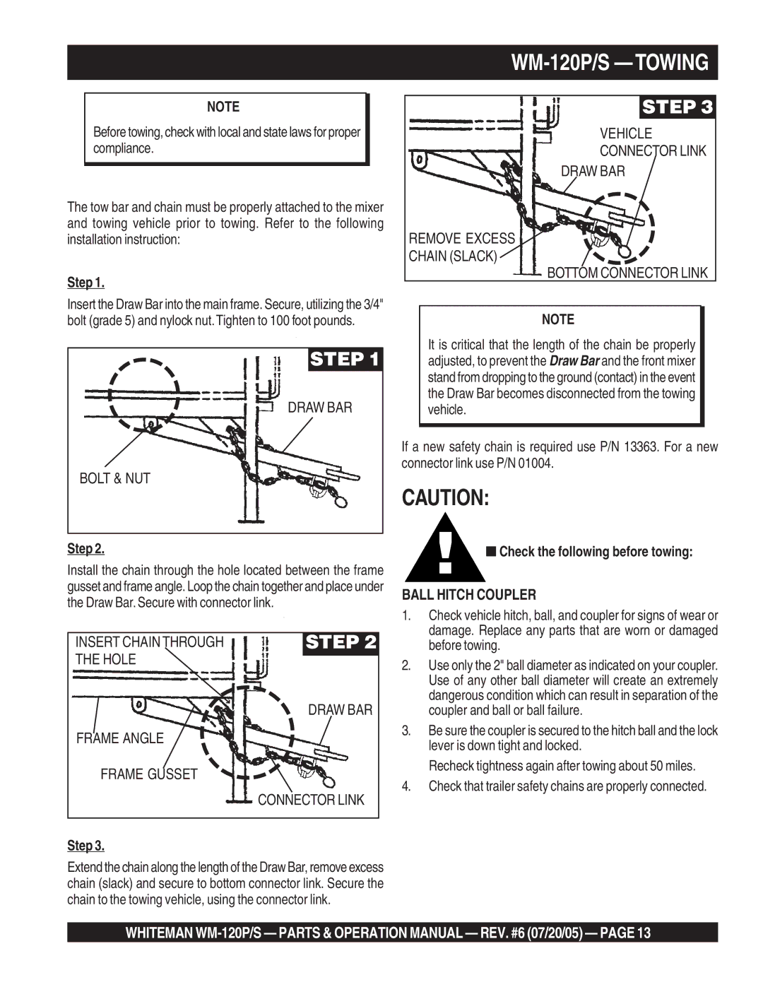 Multiquip WM-120PM operation manual WM-120P/S Towing, Step, Check the following before towing 