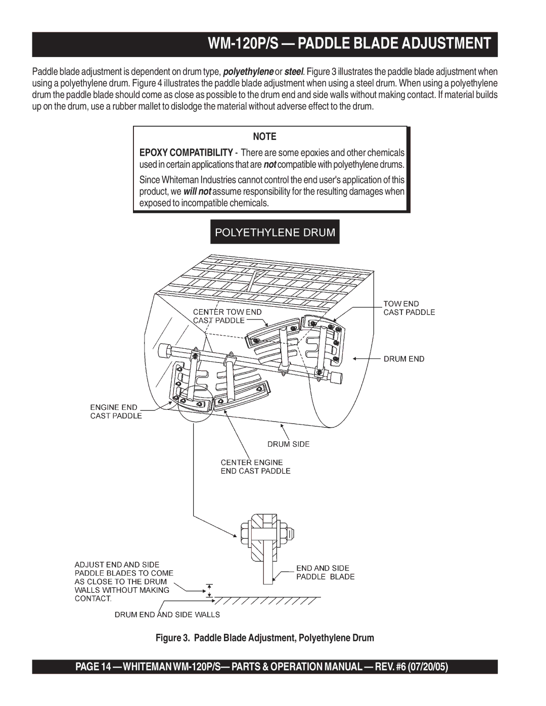 Multiquip WM-120PM operation manual WM-120P/S Paddle Blade Adjustment, Paddle Blade Adjustment, Polyethylene Drum 