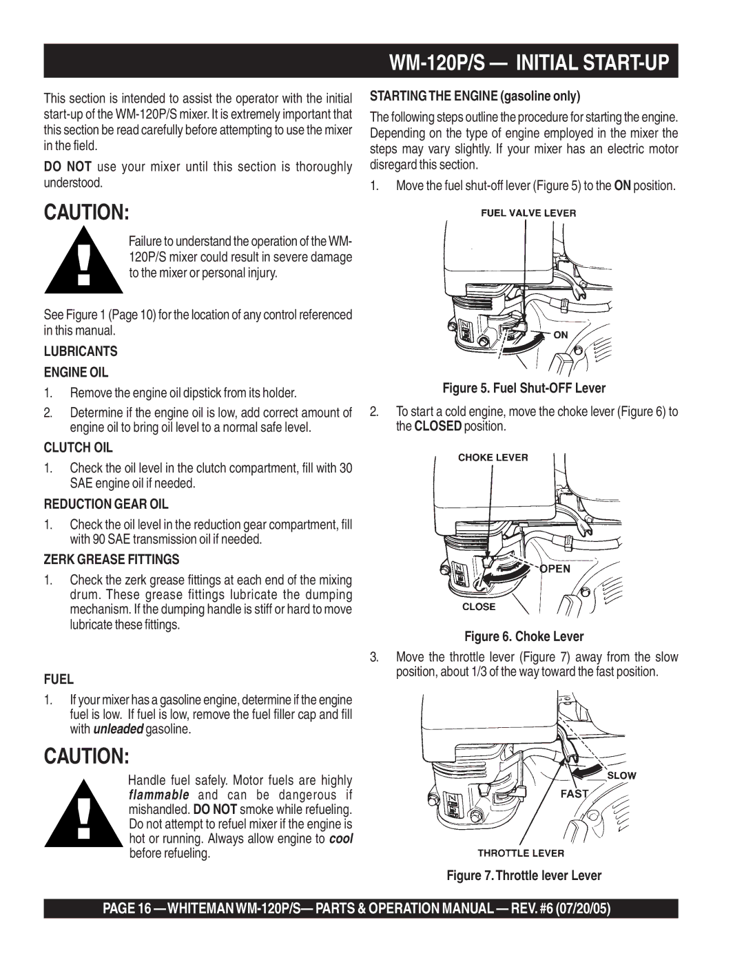 Multiquip WM-120PM operation manual WM-120P/S Initial START-UP, Startingthe Engine gasoline only 