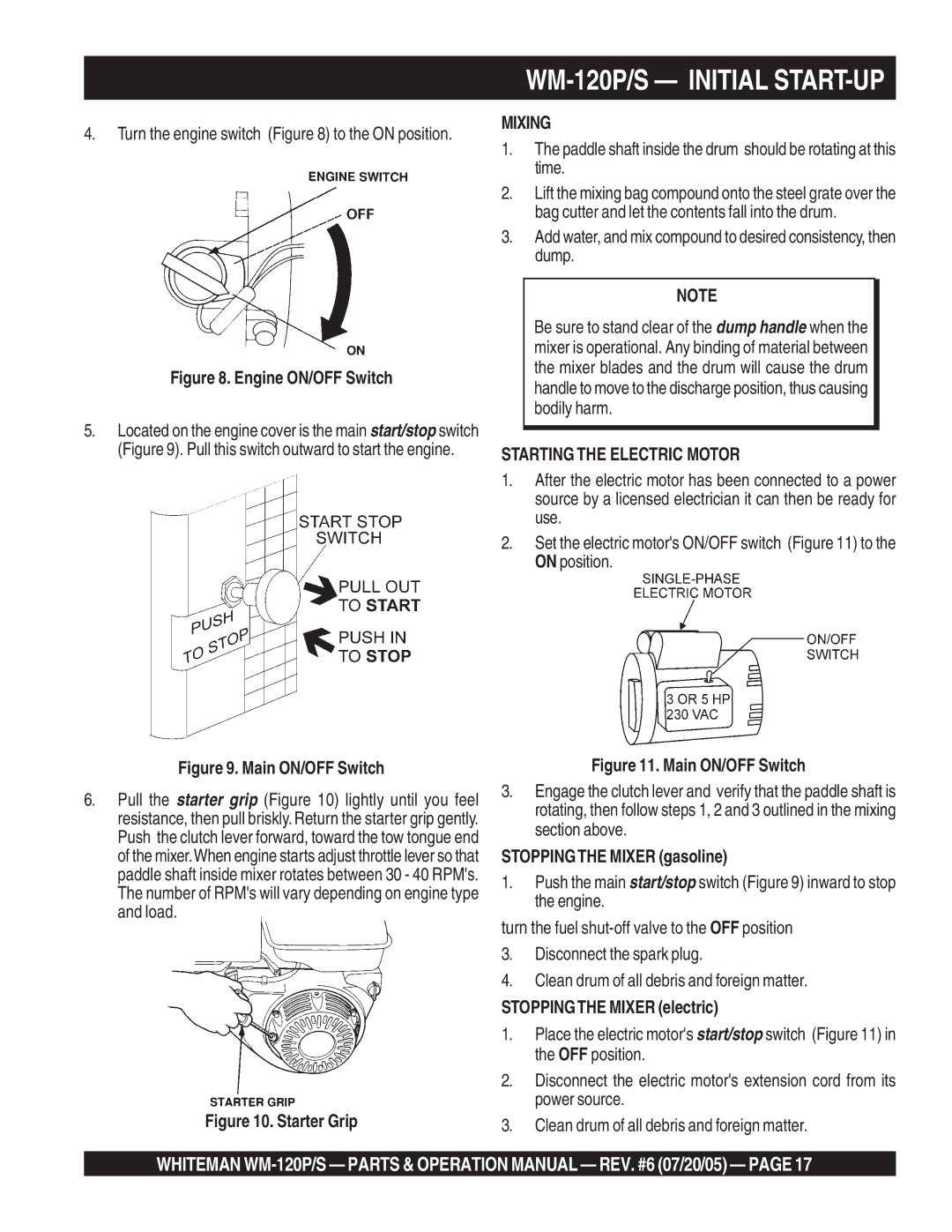 Multiquip WM-120PM operation manual WM-120P/S Initial START-UP, Stoppingthe Mixer gasoline, Stoppingthe Mixer electric 