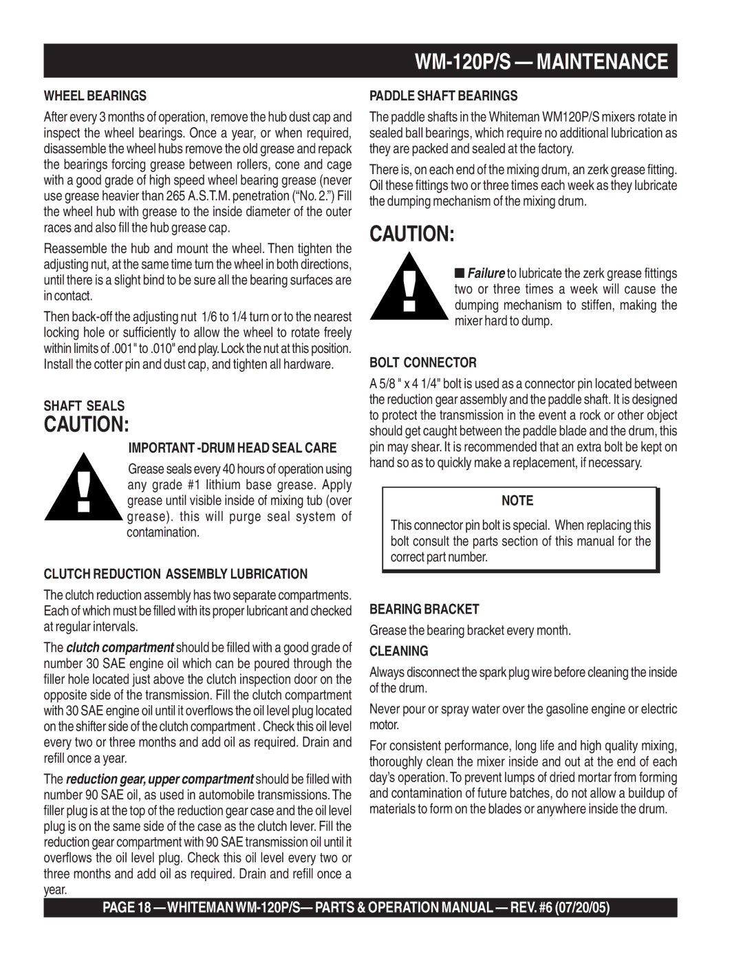 Multiquip WM-120PM operation manual WM-120P/S Maintenance, Wheel Bearings 