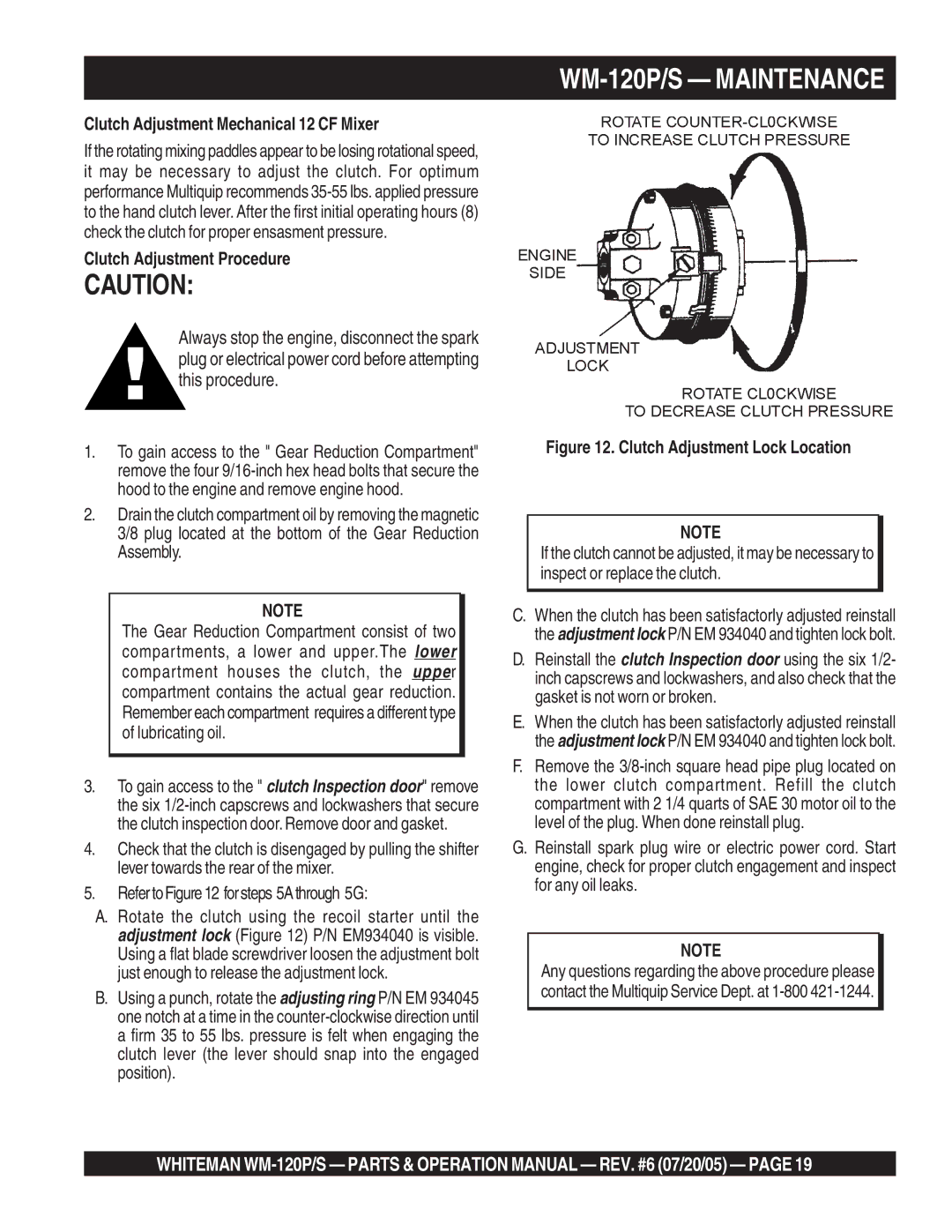 Multiquip WM-120PM WM-120P/S Maintenance, Clutch Adjustment Mechanical 12 CF Mixer, Clutch Adjustment Procedure 