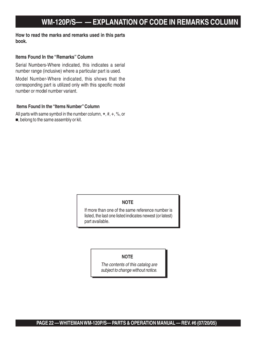 Multiquip WM-120PM WM-120P/S- Explanation of Code in Remarks Column, Items Found In the Items Number Column 