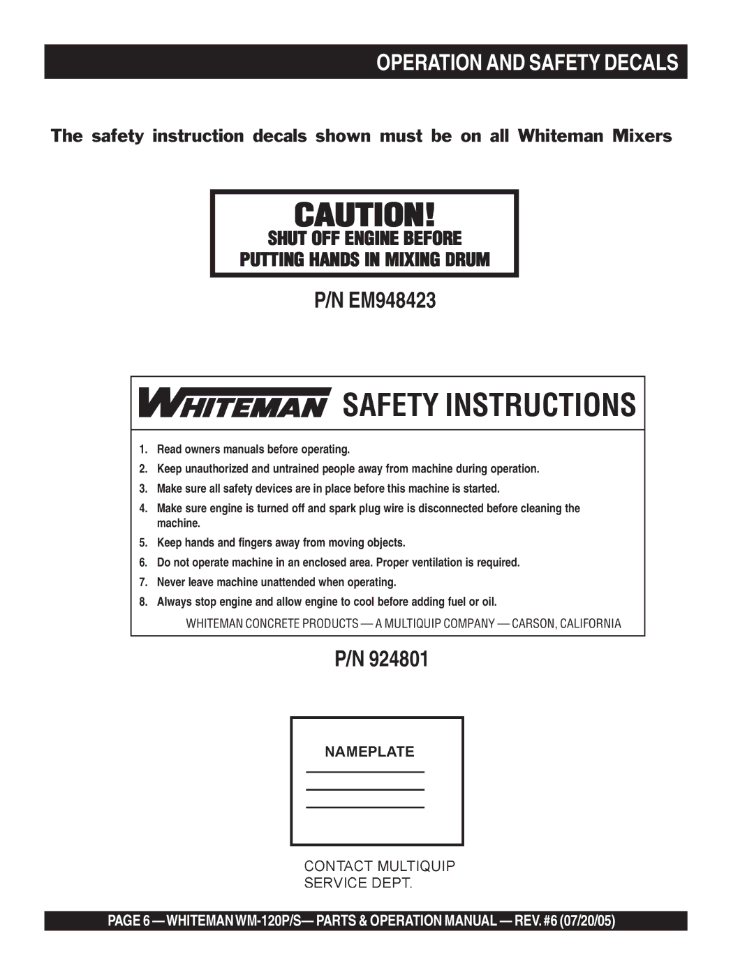 Multiquip WM-120PM operation manual Safety Instructions, Operation and Safety Decals 