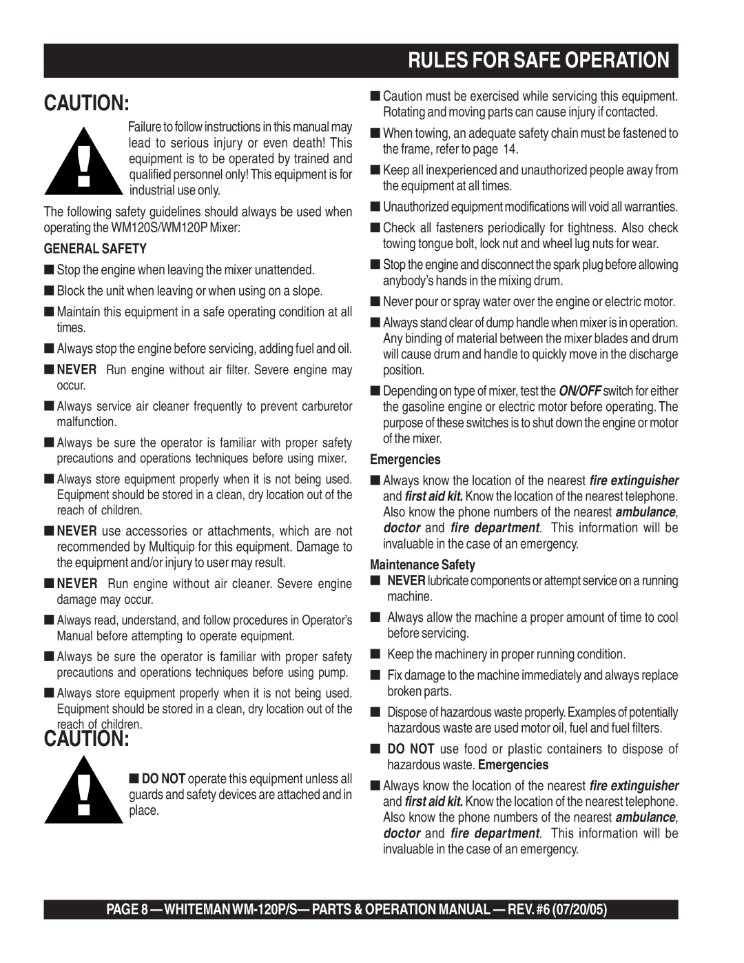 Multiquip WM-120PM operation manual Rules for Safe Operation, Emergencies, Maintenance Safety 