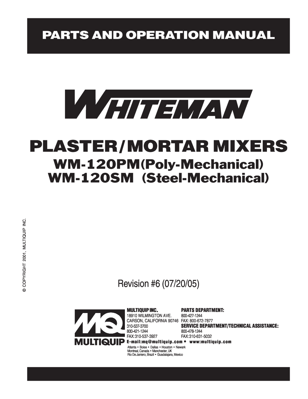 Multiquip operation manual Plaster/Mortar Mixers, WM-120PMPoly-Mechanical WM-120SM Steel-Mechanical, FAX310-537-3927 