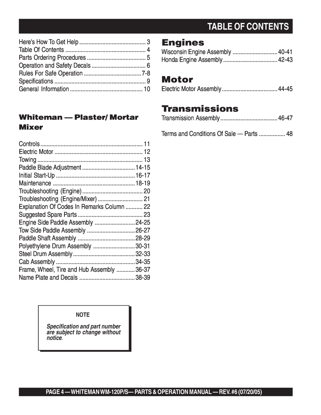 Multiquip WM-120PM operation manual Table Of Contents, Whiteman - Plaster/ Mortar Mixer, Engines, Motor, Transmissions 