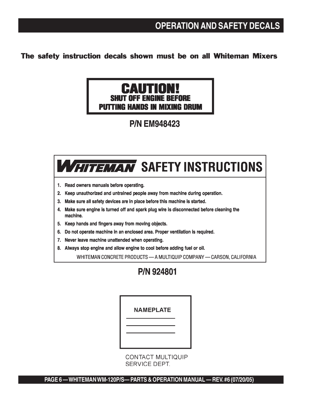 Multiquip WM-120PM operation manual Operation And Safety Decals, Safety Instructions, P/N EM948423 