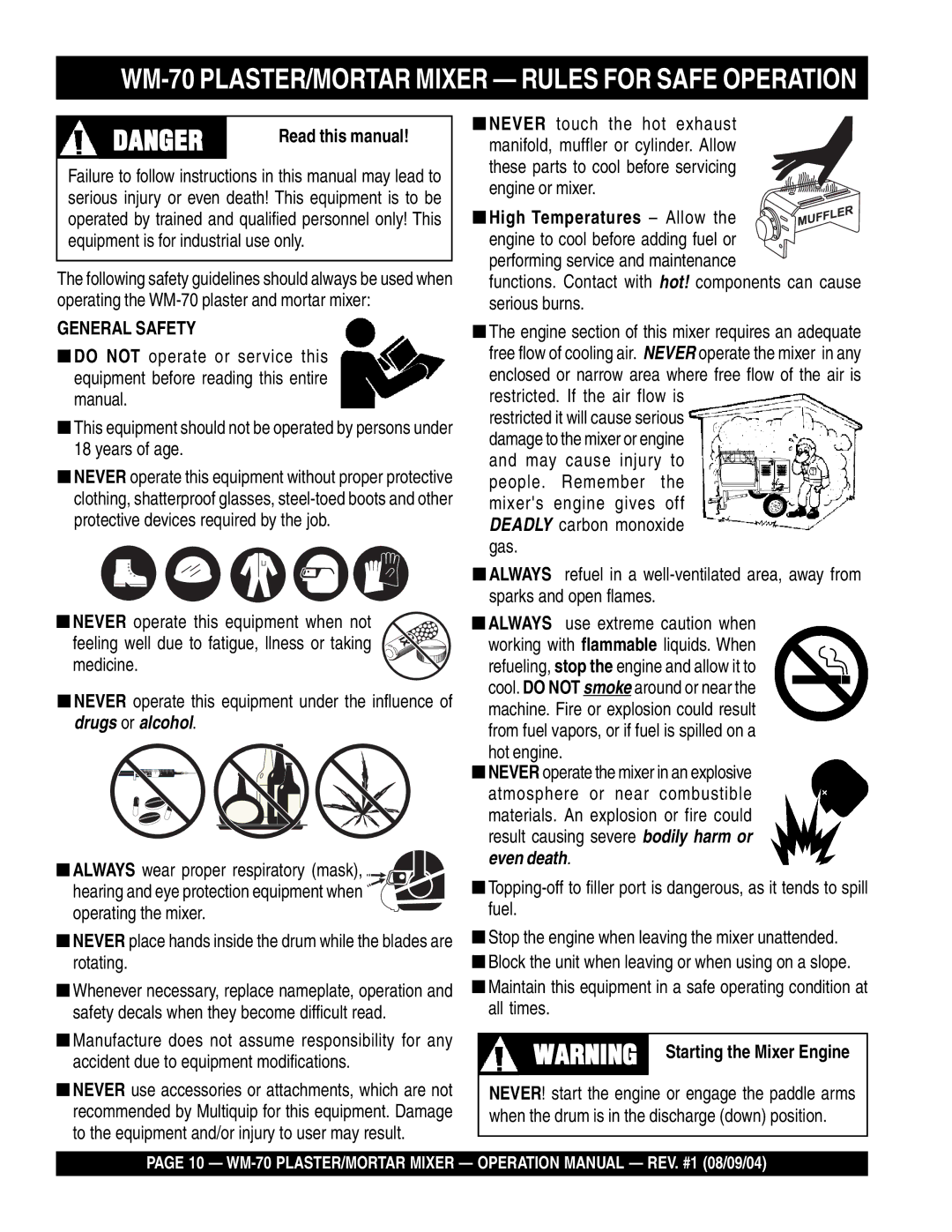 Multiquip WM-70P (Plastic), WM-70S (Steel) WM-70 PLASTER/MORTAR Mixer Rules for Safe Operation, Read this manual 