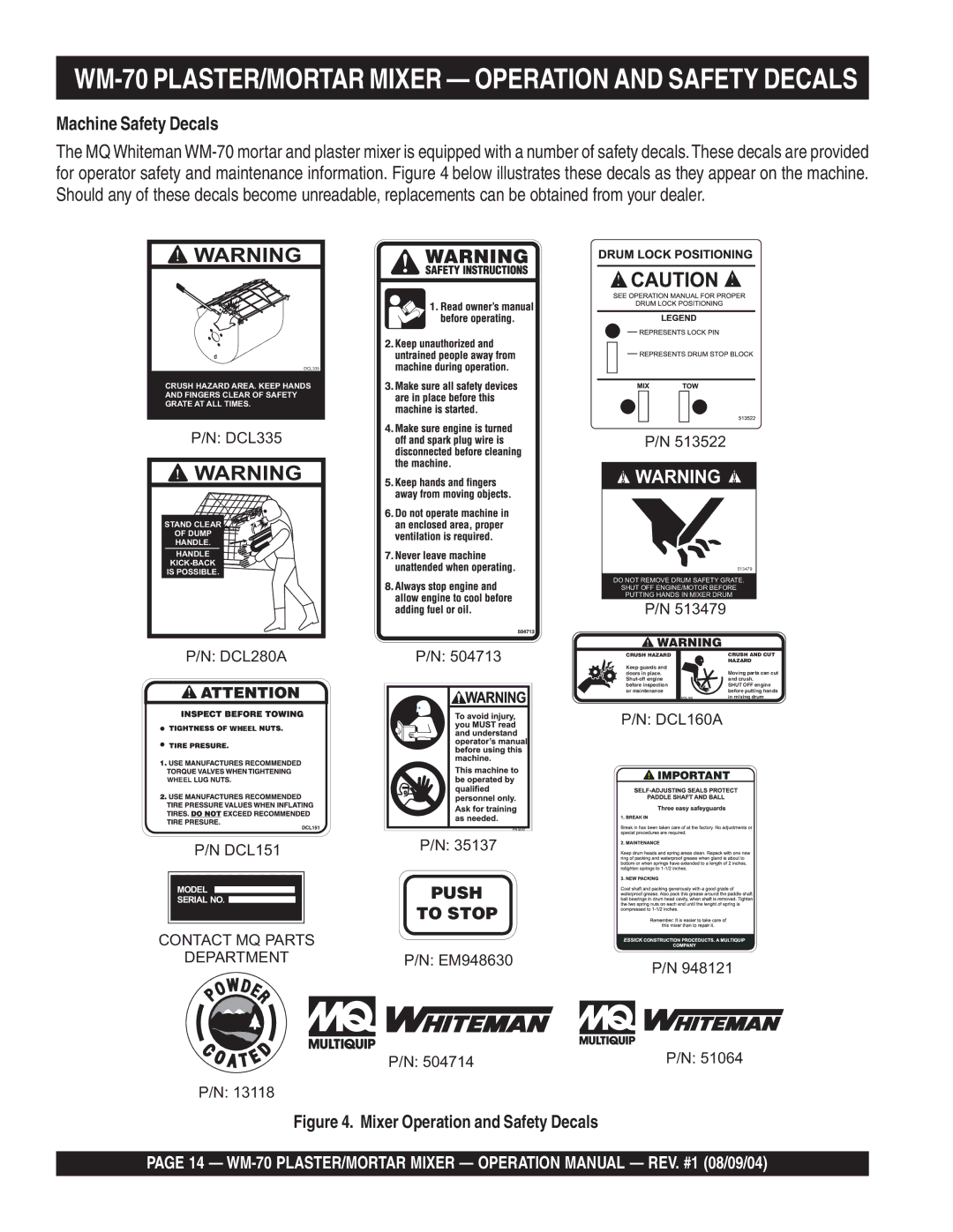 Multiquip WM-70P (Plastic), WM-70S (Steel) WM-70 PLASTER/MORTAR Mixer Operation and Safety Decals, Machine Safety Decals 