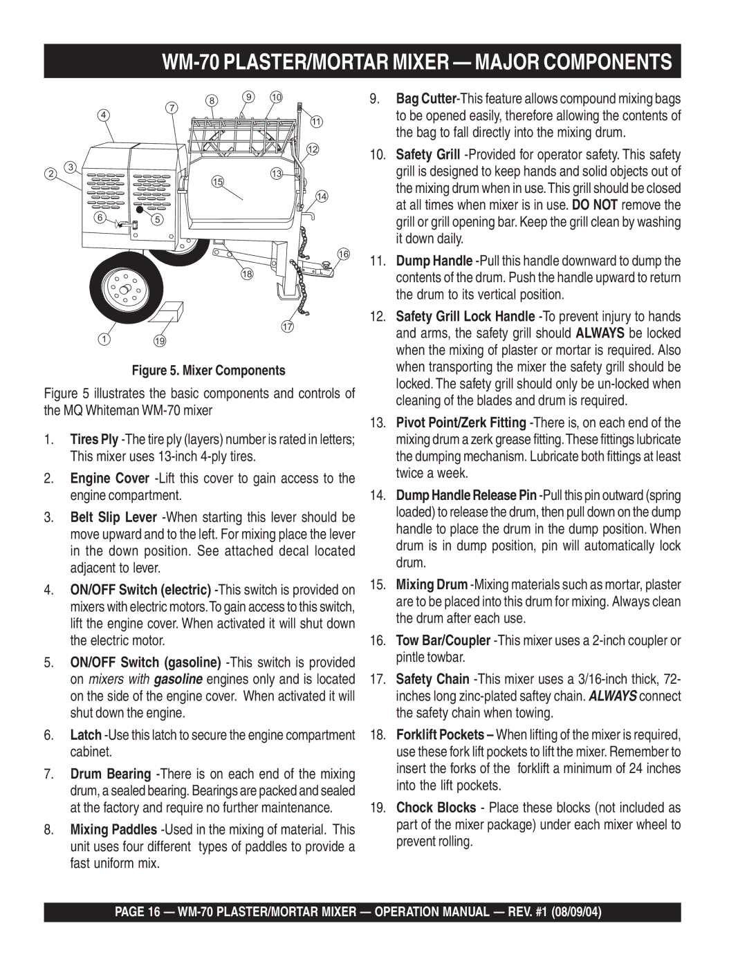 Multiquip WM-70P (Plastic), WM-70S (Steel) manual WM-70 PLASTER/MORTAR Mixer Major Components, Mixer Components 