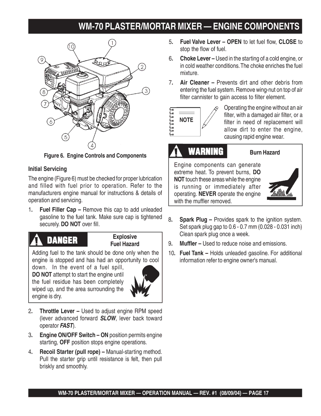 Multiquip WM-70S (Steel) manual WM-70 PLASTER/MORTAR Mixer Engine Components, Initial Servicing, Explosive, Burn Hazard 