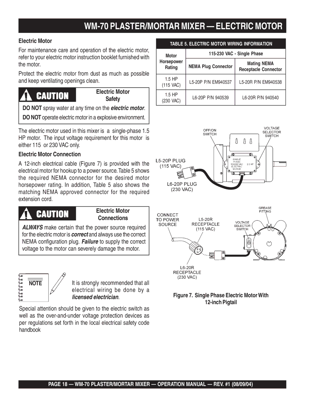 Multiquip WM-70P (Plastic), WM-70S (Steel) manual WM-70 PLASTER/MORTAR Mixer Electric Motor, Electric Motor Connection 