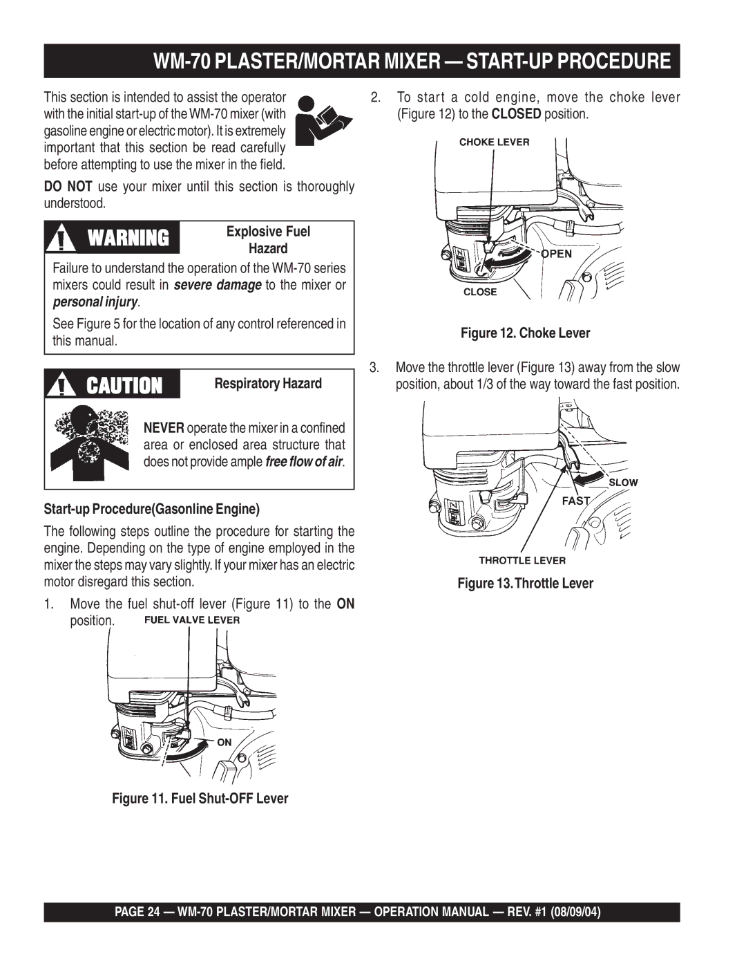 Multiquip WM-70P (Plastic), WM-70S (Steel) manual WM-70 PLASTER/MORTAR Mixer START-UP Procedure, Respiratory Hazard 