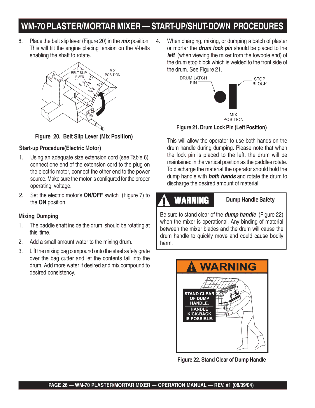 Multiquip WM-70P (Plastic), WM-70S (Steel) manual Mixing Dumping, Dump Handle Safety 