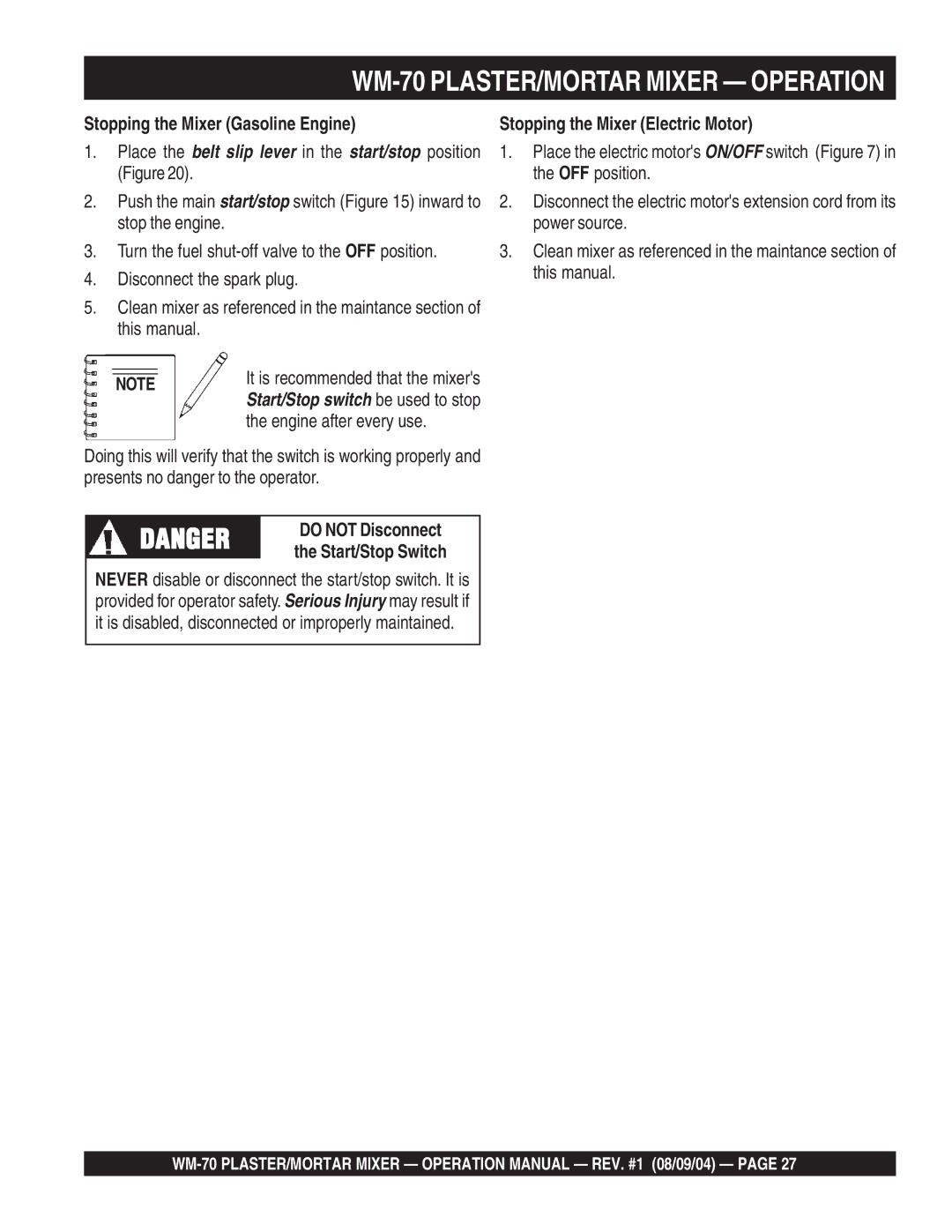 Multiquip WM-70S (Steel), WM-70P (Plastic) manual WM-70 PLASTER/MORTAR Mixer Operation, OFF position 