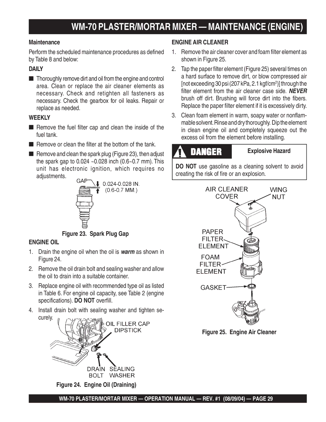 Multiquip WM-70S (Steel), WM-70P (Plastic) manual WM-70 PLASTER/MORTAR Mixer Maintenance Engine, Explosive Hazard 