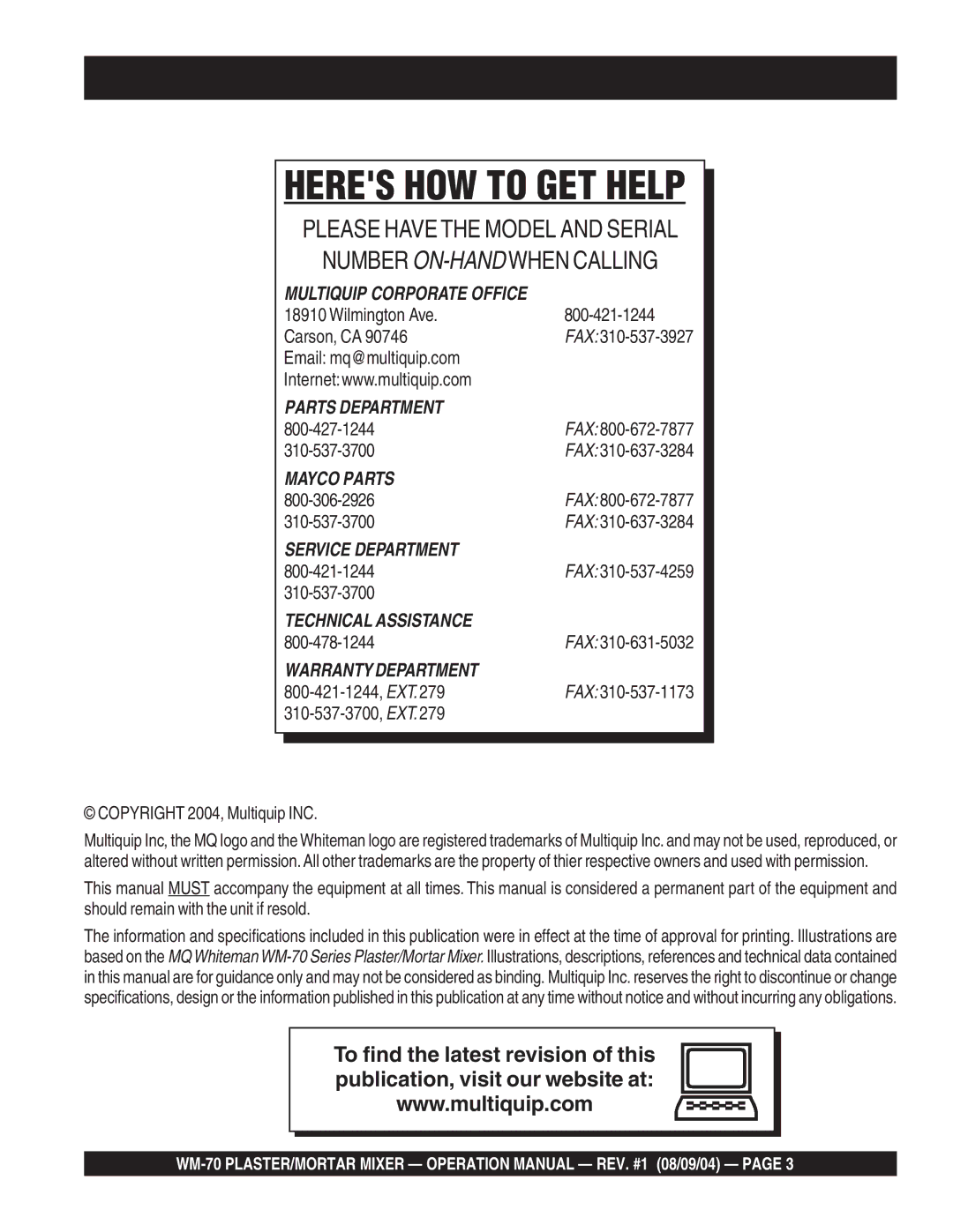 Multiquip WM-70S (Steel), WM-70P (Plastic) manual Heres HOW to GET Help 