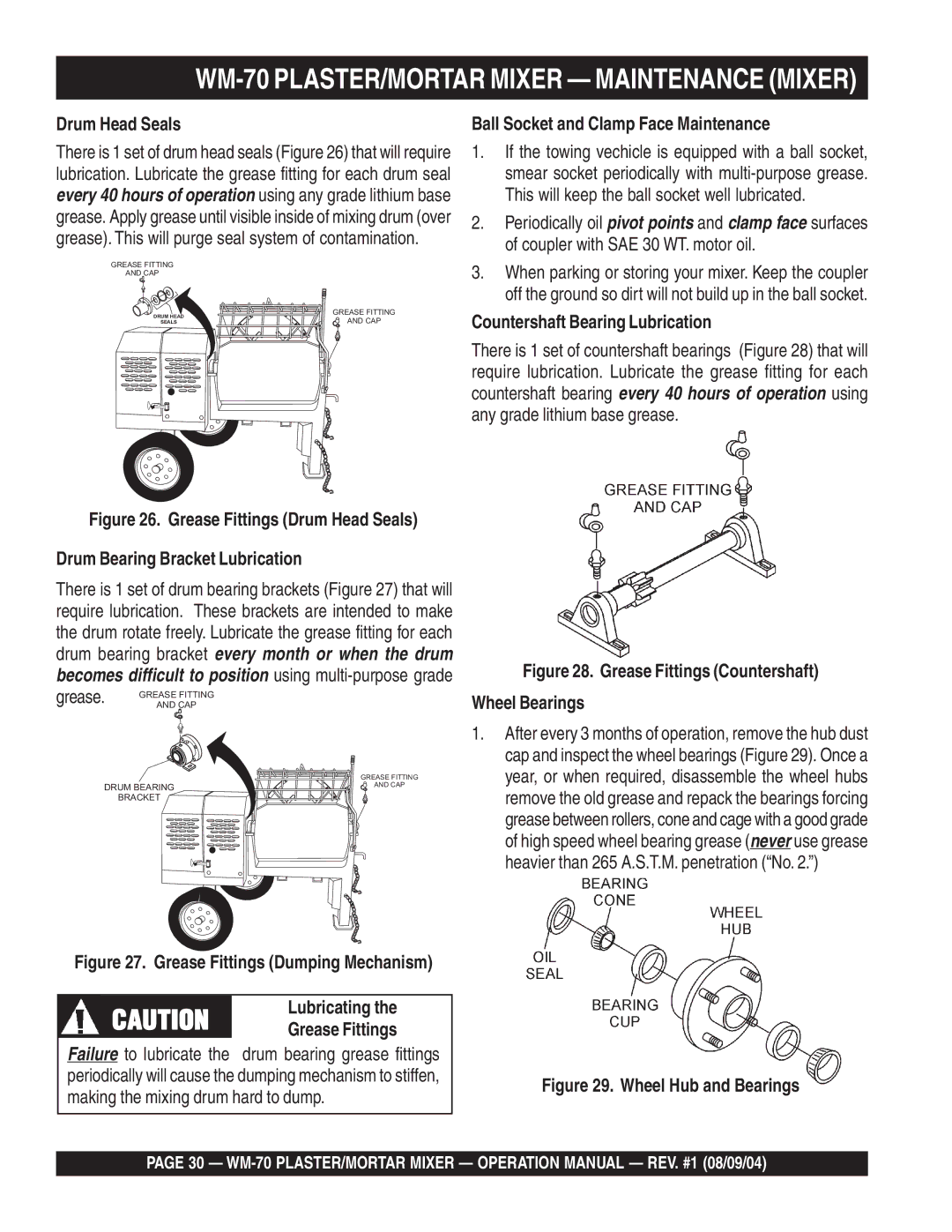 Multiquip WM-70P (Plastic) WM-70 PLASTER/MORTAR Mixer Maintenance Mixer, Drum Head Seals, Drum Bearing Bracket Lubrication 