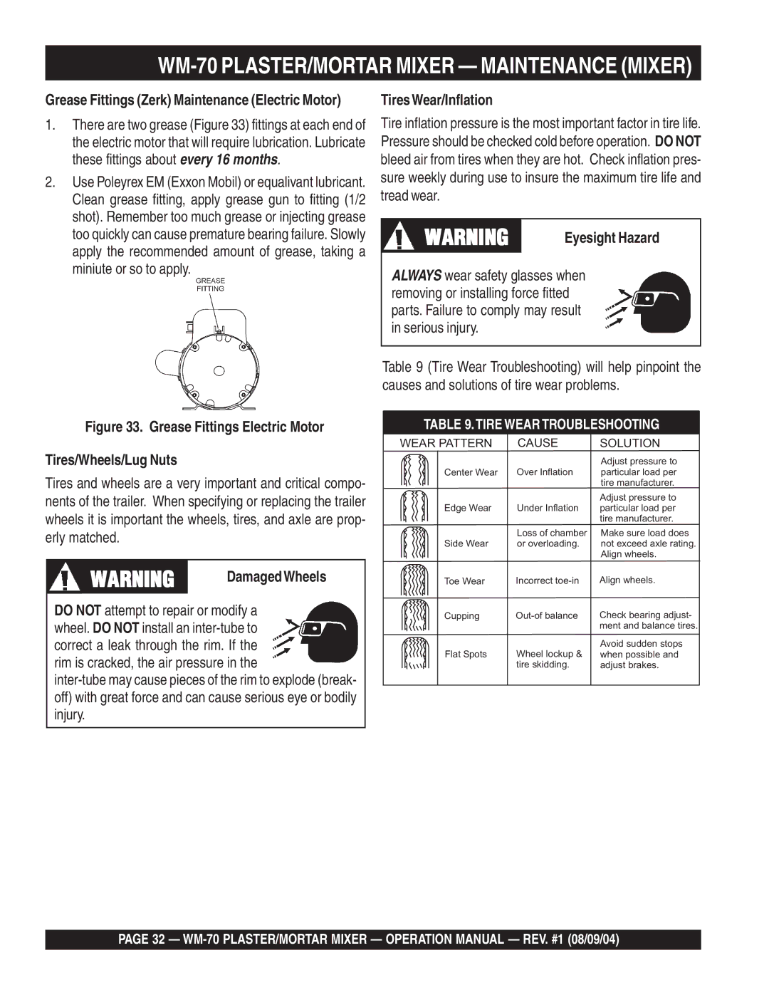 Multiquip WM-70P (Plastic), WM-70S (Steel) manual TiresWear/Inflation, Eyesight Hazard, Tires/Wheels/Lug Nuts 