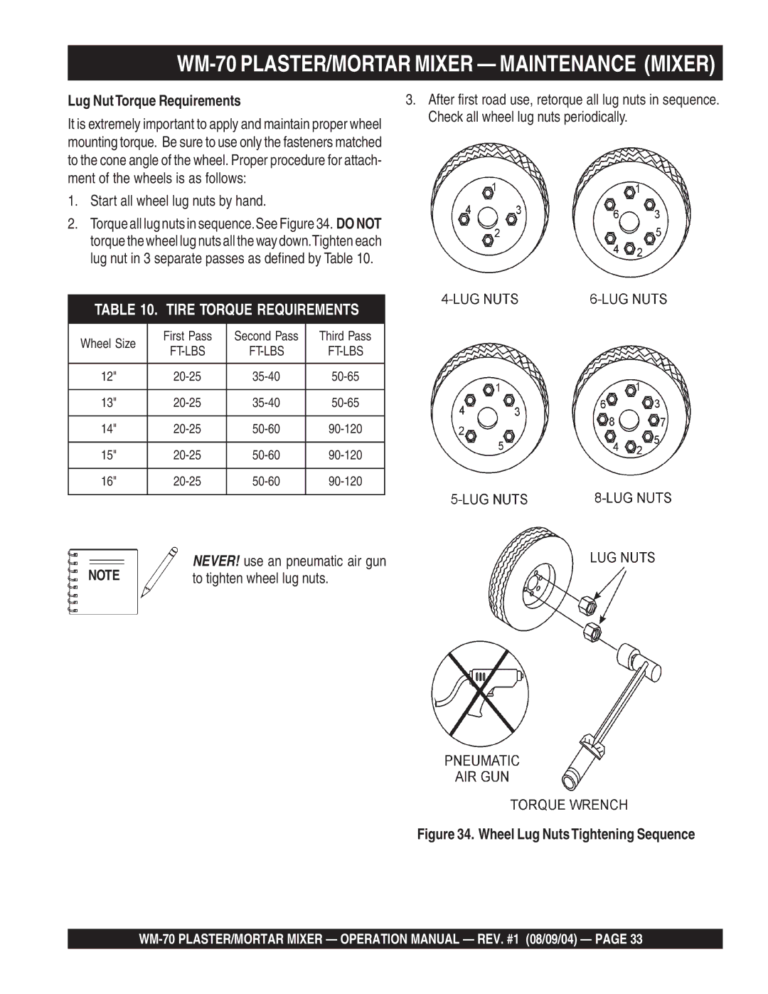 Multiquip WM-70S (Steel), WM-70P (Plastic) manual Lug NutTorque Requirements, Wheel Lug NutsTightening Sequence 