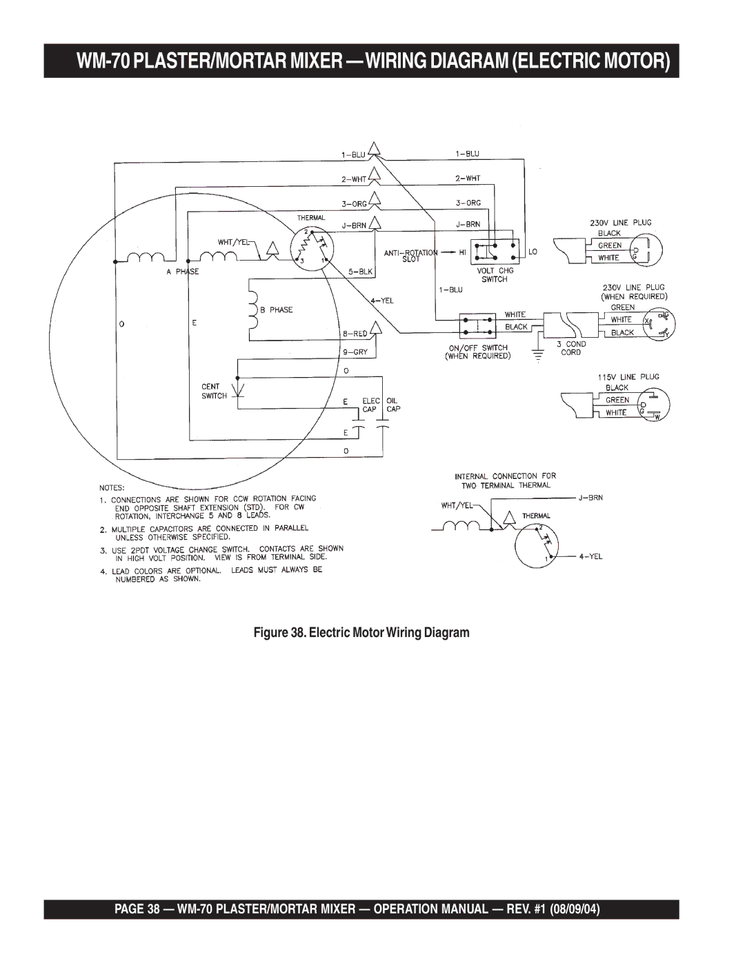 Multiquip WM-70P (Plastic), WM-70S (Steel) manual WM-70 PLASTER/MORTAR Mixer -WIRING Diagram Electric Motor 