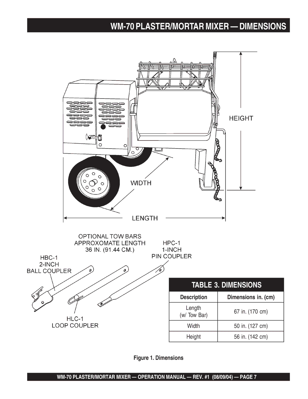 Multiquip WM-70S (Steel), WM-70P (Plastic) manual WM-70 PLASTER/MORTAR Mixer Dimensions, Description Dimensions in. cm 