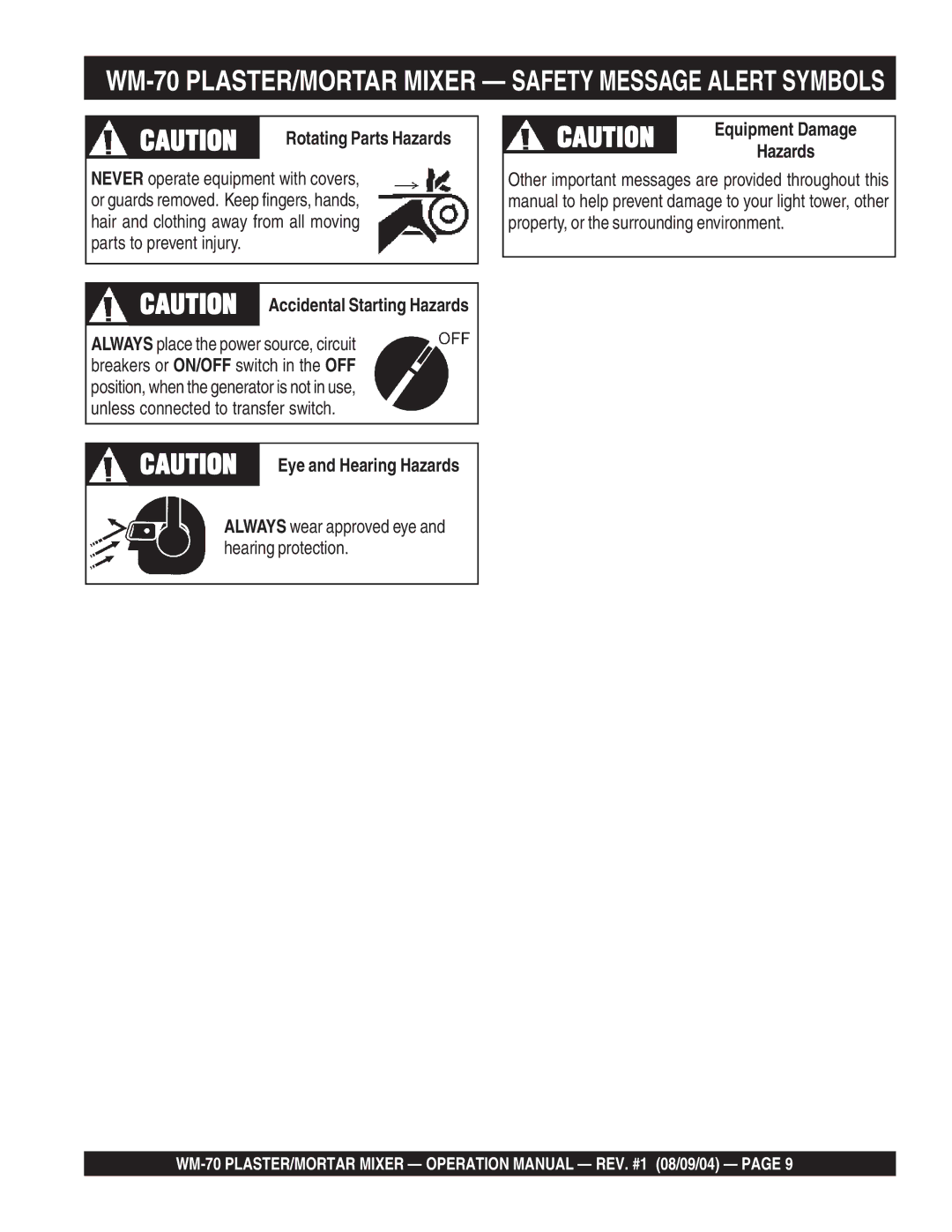 Multiquip WM-70S (Steel), WM-70P (Plastic) manual WM-70 PLASTER/MORTAR Mixer Safety Message Alert Symbols, Equipment Damage 