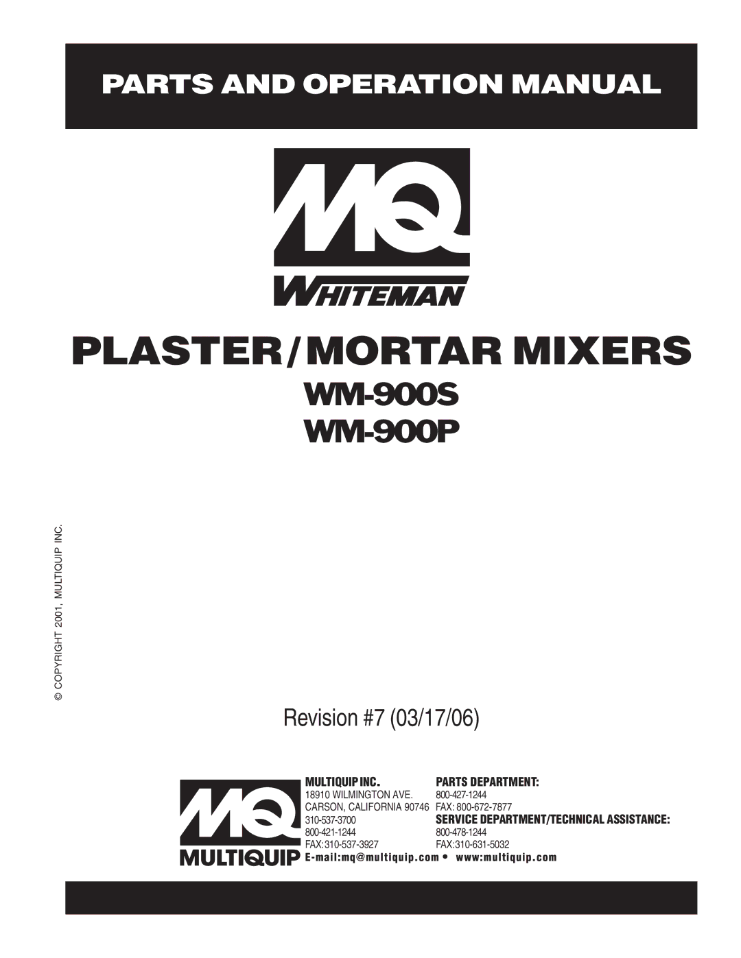 Multiquip WM-900P, WM-900S operation manual PLASTER/MORTAR Mixers 