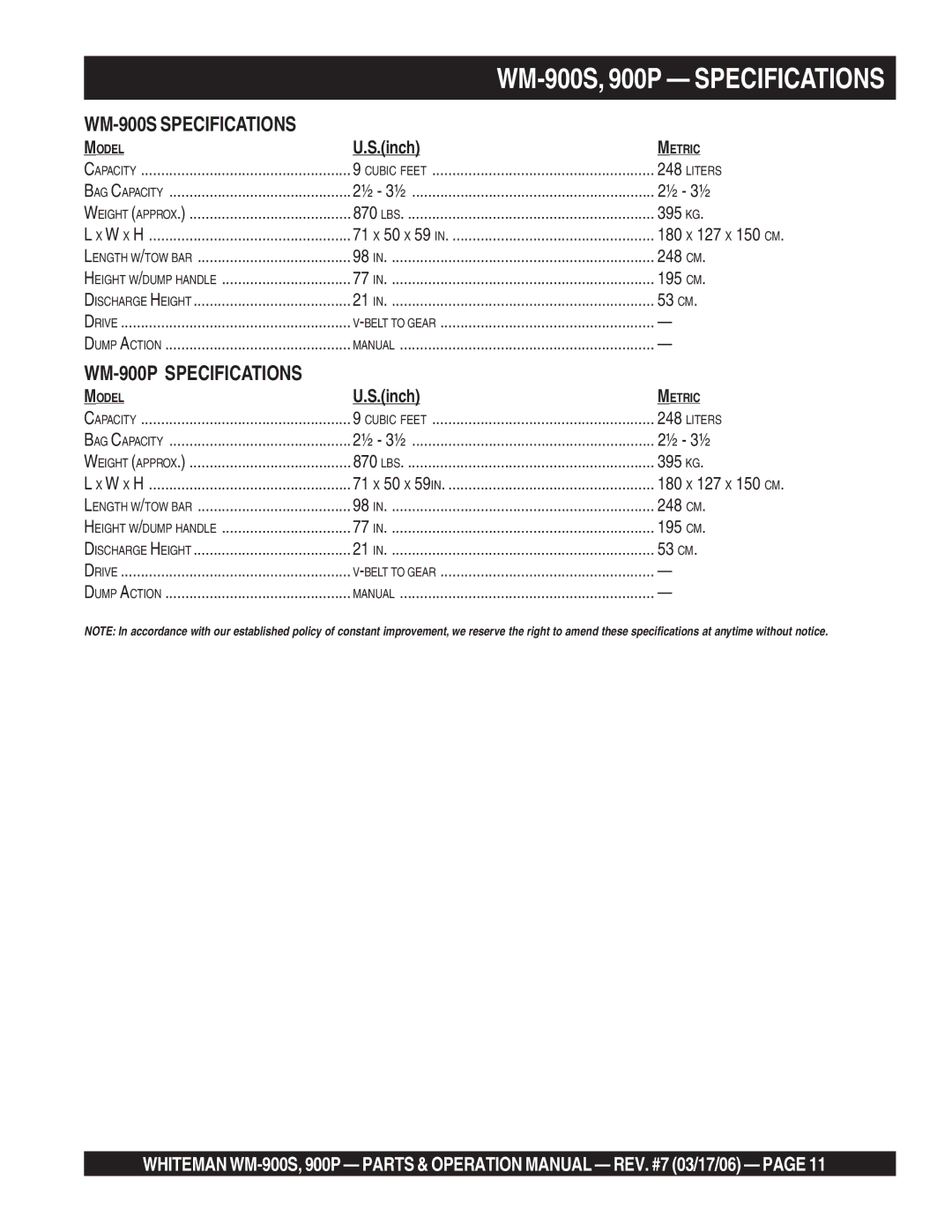 Multiquip WM-900P operation manual WM-900S, 900P Specifications 