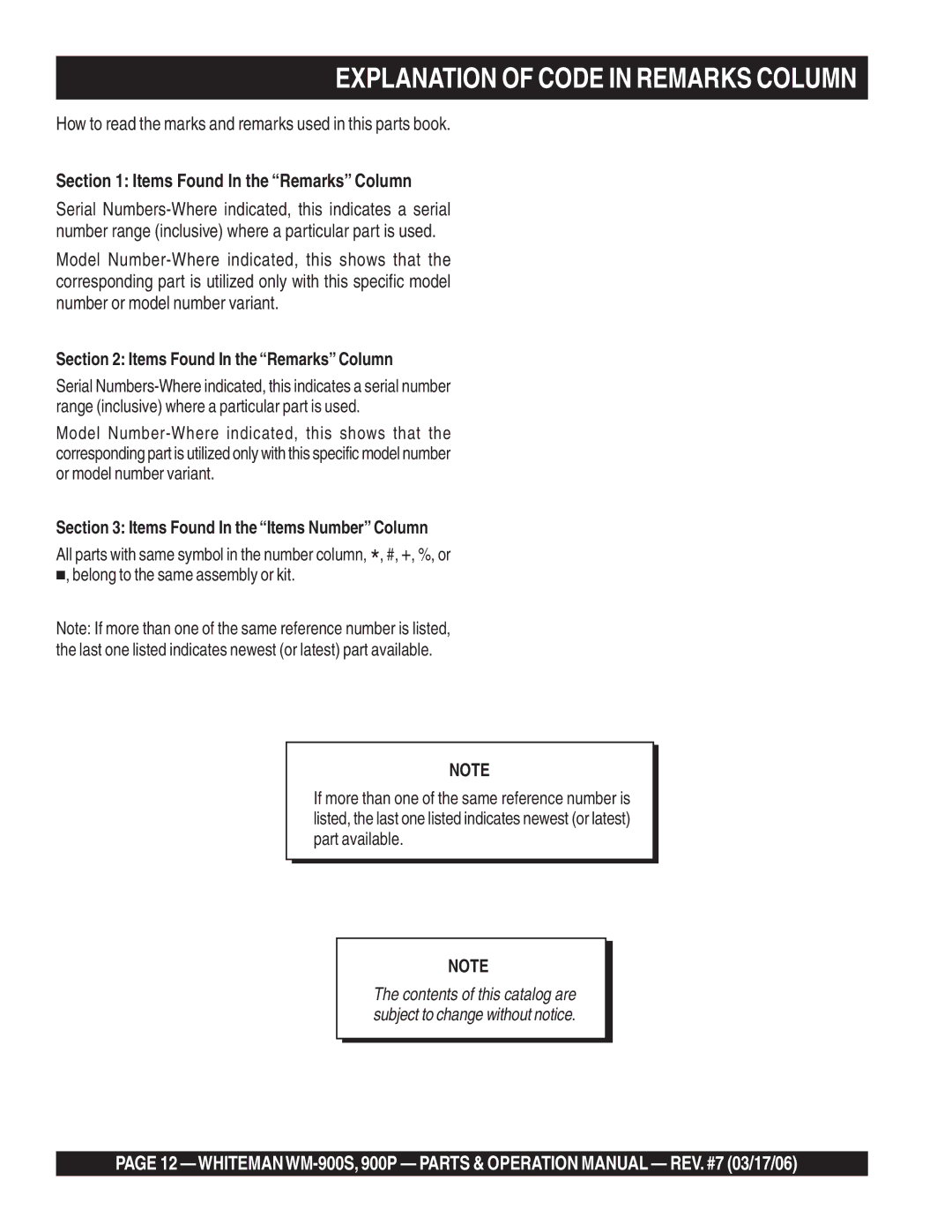 Multiquip WM-900S, WM-900P operation manual Explanation of Code in Remarks Column, Items Found In the Remarks Column 