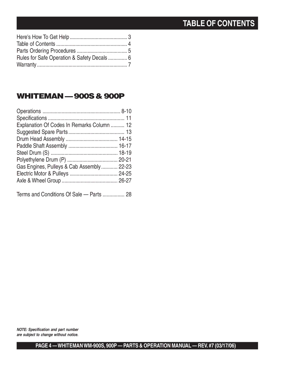 Multiquip WM-900S, WM-900P operation manual Table of Contents 